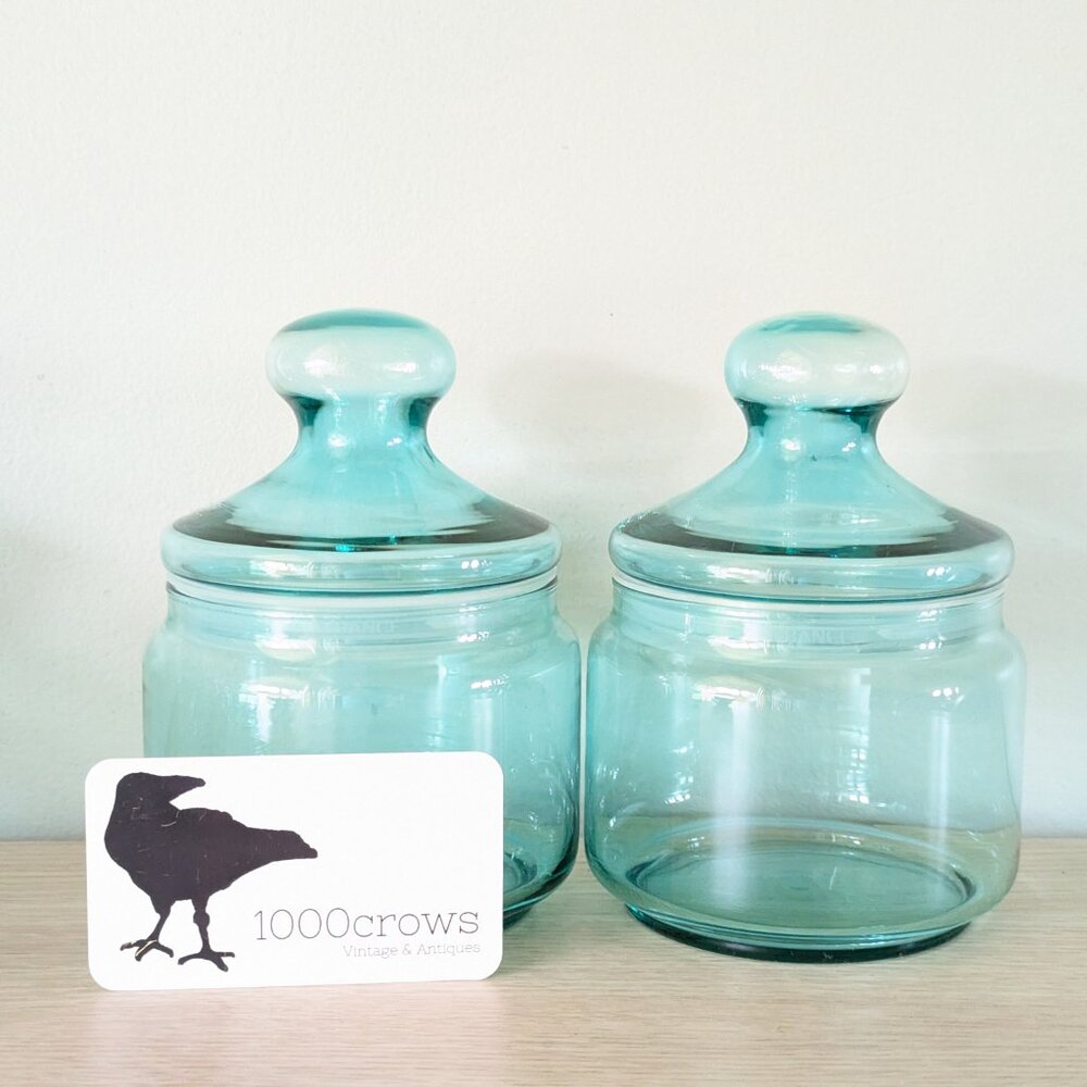 Vintage 2 LUMINARC aqua blue glass storage jars, Coastal FRENCH apothecary jars